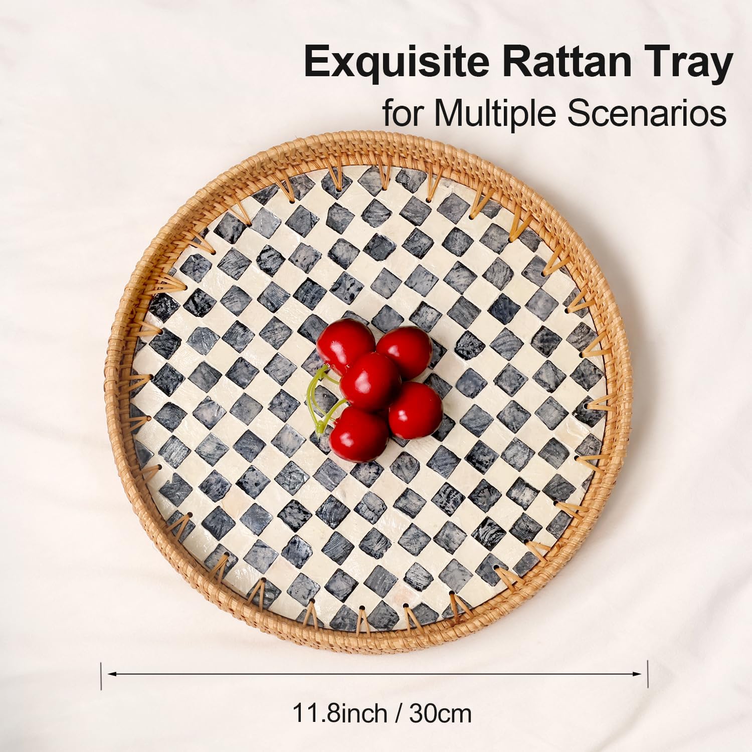 Round Rattan Tray with Mother of Pearl Inlay, Rattan Serving Tray for Coffee, Bread, Fruits, Decorative Wicker Tray for Table Decor, Home Decor, Kitchen Island Decor(Black Checkerboard, 11.8")