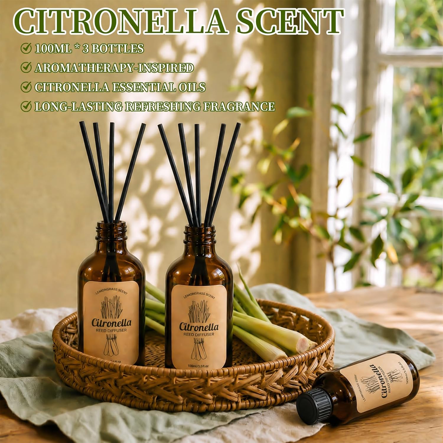STRN Citronella Reed Diffuser Set, Citronella Scent Oil Diffuser with 18 Sticks, 3 Packs 300ML(10.14fl.oz), Summer Air Fresheners, Refreshing Long-Lasting Fragrance for Living Room, Bedroom, Office