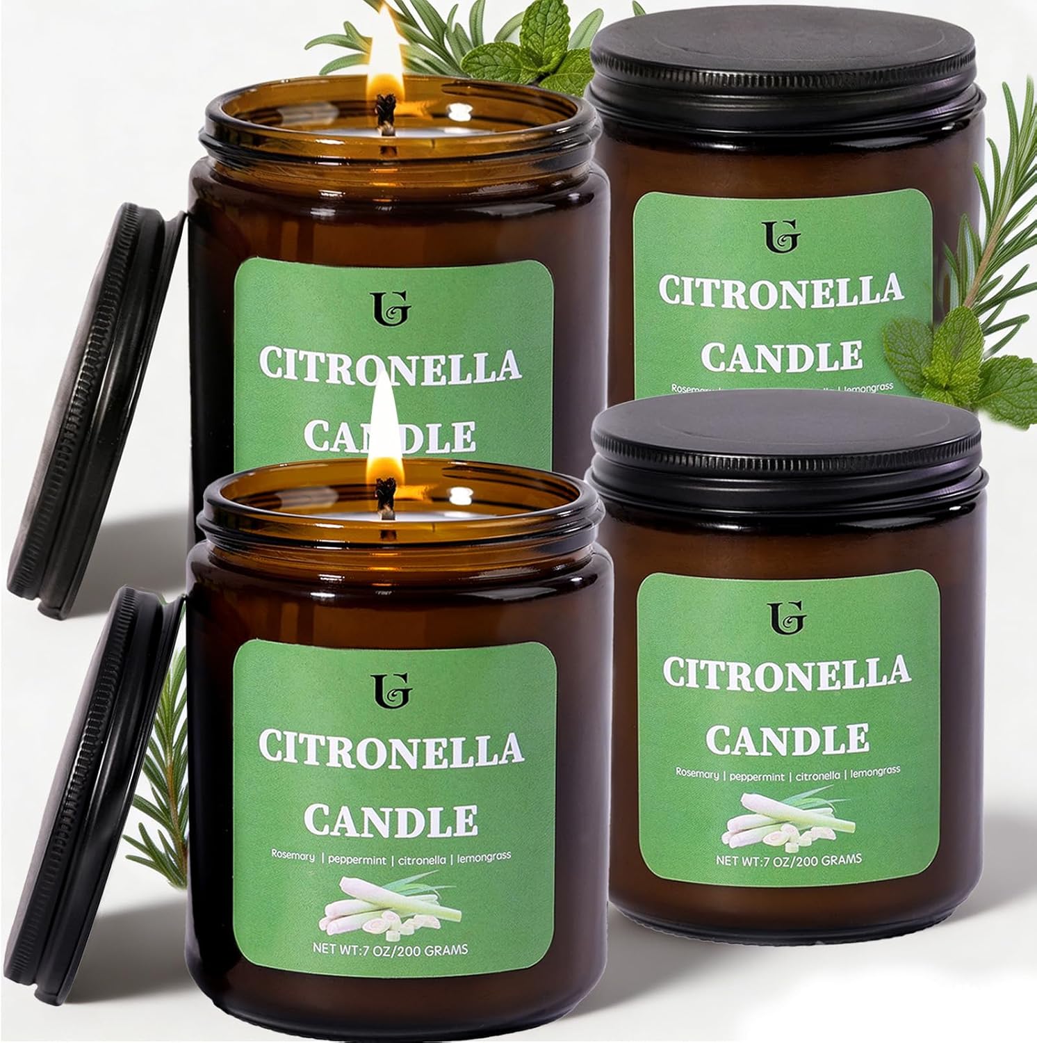 4 Packs Citronella Candles Outdoor, Natural Soy Wax Citronella Scented Jar Candle for Summer, 7oz Large Lemongrass Candle, 50 Hours Burn Time, Indoor and Outdoor Candles for Patio, Garden & Camping