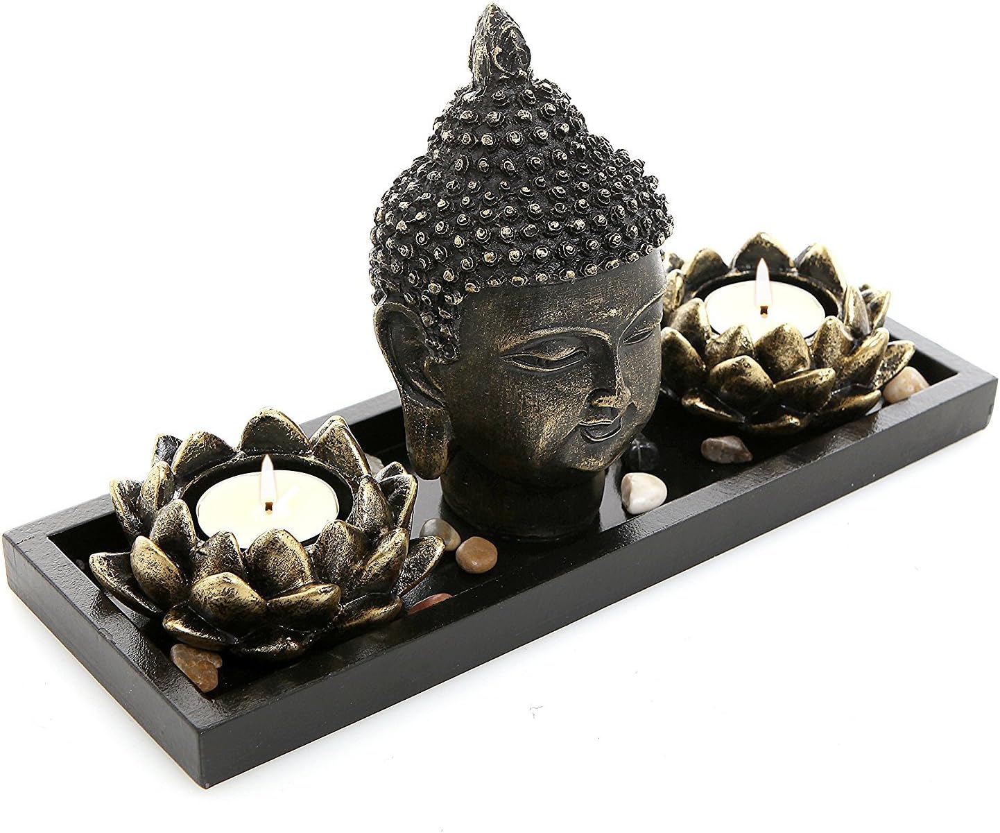 MyGift Black Buddha Head Sculpture Zen Garden Set with Lotus Tealight Candle Holders and Wooden Display Tray, Decorative Tabletop Home Accent