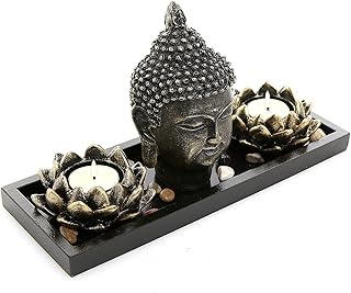MyGift Black Buddha Head Sculpture Zen Garden Set with Lotus Tealight Candle Holders and Wooden Display Tray, Decorative Tabletop Home Accent