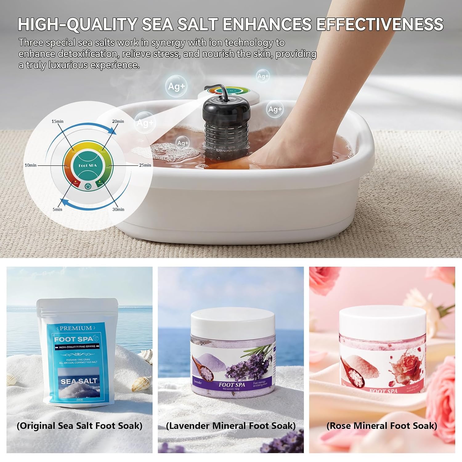 Ionic Foot Bath Detox Machine for Home Use, Ion Soak Foot Spa with Basin, Controller & 2 Ion Arrays, Includes 3 Bath Salts & 90 Disposable Liners, Spa-Quality Foot Detox Set