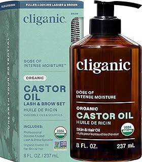 Cliganic Castor Oil Organic Cold Pressed, 100% Pure (8oz with Eyelash Kit) - For Eyelashes, Eyebrows, Hair & Skin | Bulk, Natural Unrefined Hexane-Free | DIY Carrier Oil