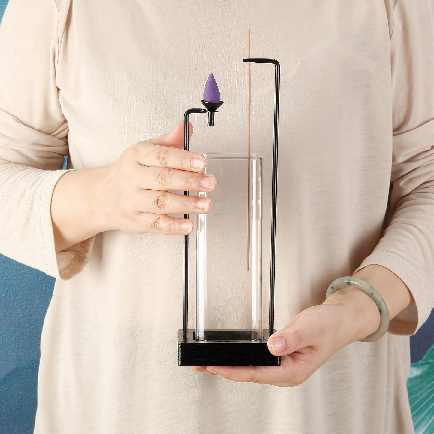 Incense Holder for Sticks and Incense Burner for Cone Incense Set, Upside Down Incense Burner with Removable Glass Ash Catcher Anti-Ash Flying Black