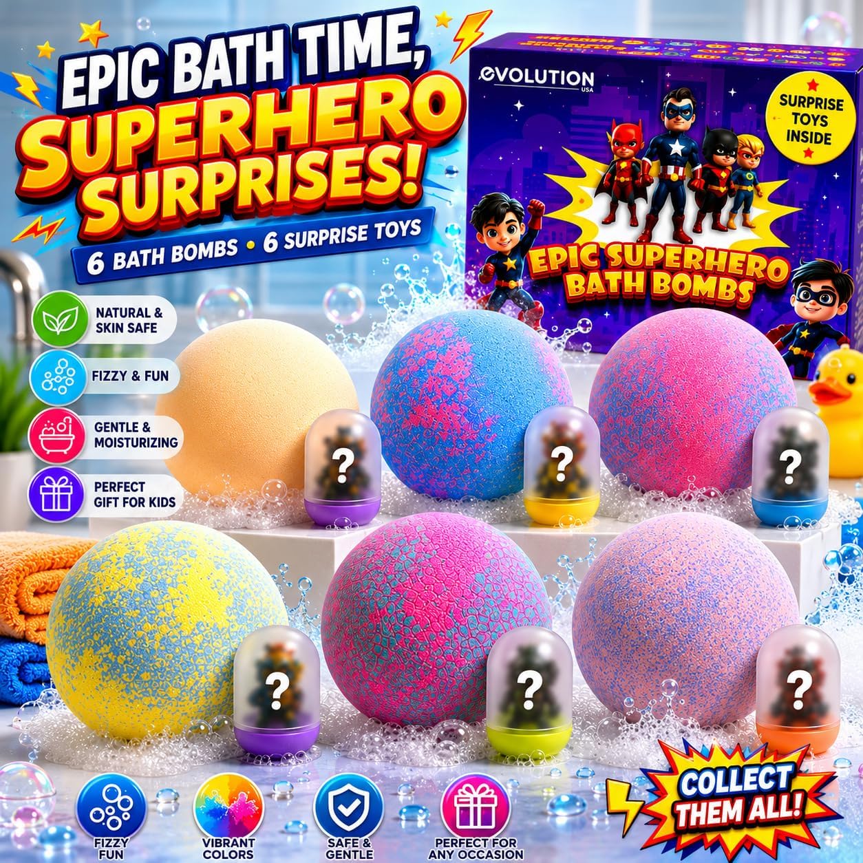 EvolutionUSA 6 Purple Epic Superhero Bath Bombs for Kids – Childrens Super Hero Bath Bombs Toy, Organic Bathbomb with Surprise, Superhero Bath Fizzers, Fun Bathbombs Birthday, Christmas, Easter