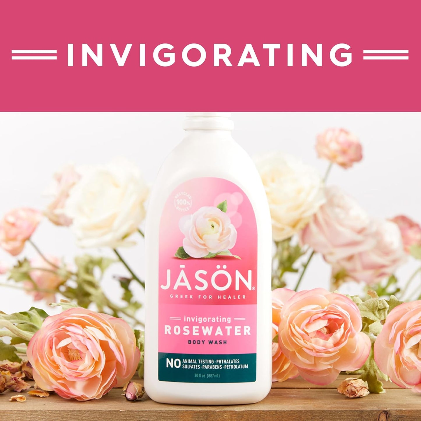 JASON Rosewater Invigorating Body Wash Women/Men, For a Gentle & Clean Feel, 30 Fluid Ounces
