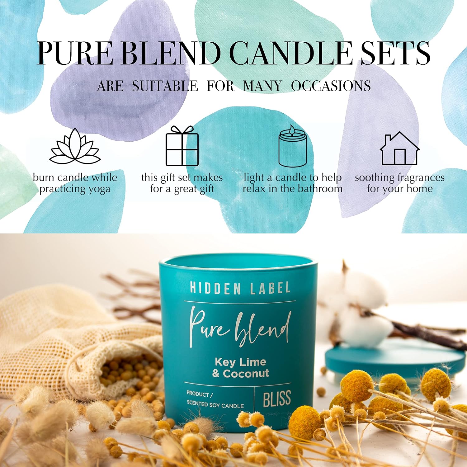 Hidden Label Scented Candles, Key Lime & Coconut Large Candle 14oz 2 Wick, Pure Blend Collection Soy Candles for Home, Gifts for Women