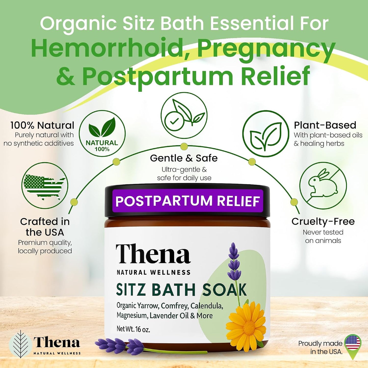 Best Organic Sitz Bath Soak Postpartum Care and Post Partum Essentials, Natural Hemorrhoid Treatment for Women & Moms with Epsom Dead Sea Salt Witch Hazel, Sitz Bath for Toilet, Thena