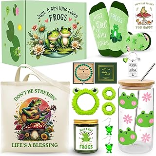 JTAMOHI 10 Pcs Frog Gifts, Frog Lovers Gifts for Women, Cute Frog Stuff with 16 Oz Frog Glass Cup Tote Bag Candle Socks Bracelet Earrings Keychain Headband Wristbands for Birthday Christmas Frog Lover