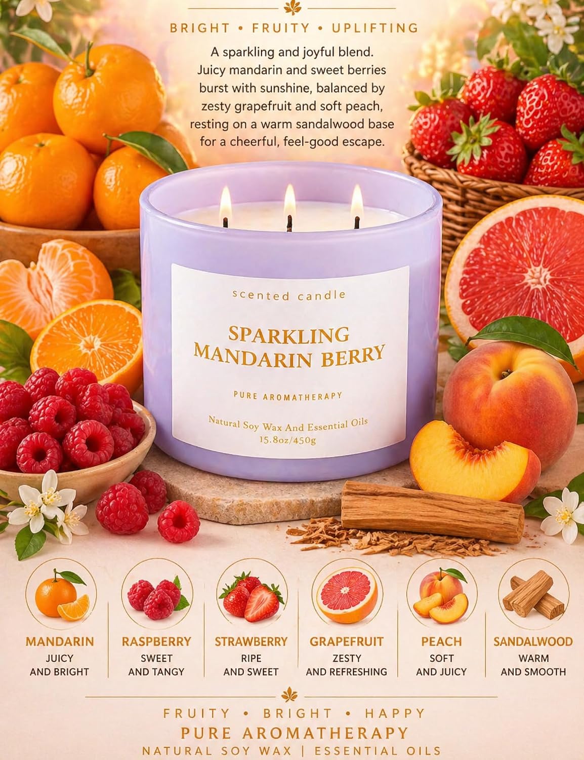 Sparkling Mandarin Berry 3-Wick Soy Candle | 15.8 oz Large Summer Candle for Home | Citrus Berry Scented Candles for Women | Clean Long-Lasting Burn | Gift Ready