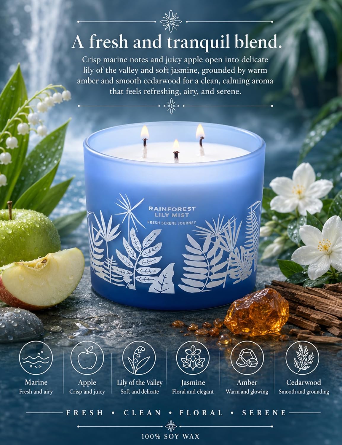 Large 3 Wick Scented Soy Candle for Home | Rainforest Lily Mist | 14.5oz Aromatherapy Spa Candle | Fresh Rain, Lily of the Valley, Jasmine & Cedarwood | Clean Burn Long Lasting | Gift for Women & Men