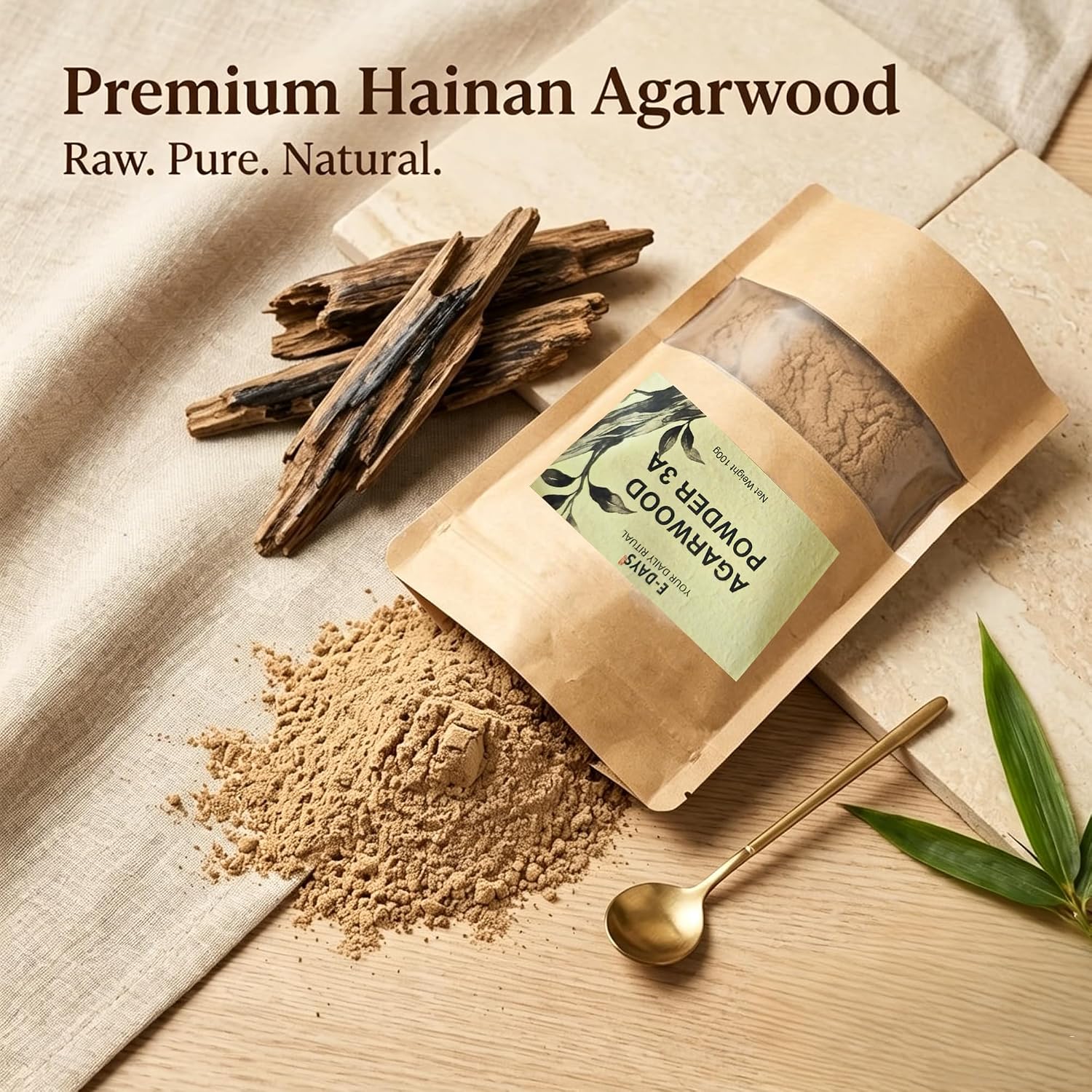 Hainan Agarwood Powder 100g - 3A Grade Natural Incense Powder for DIY Incense Sticks, Cone Making, Seal Molding, Aromatherapy - Includes 3-Piece Cone Mold Set (Incense Burner, Mold, Spoon)