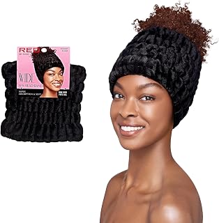 Red by Kiss Extra Wide Spa Headband, Super Absorbent & Soft Fluffy Plush Fleece, Full Hairline Coverage, Essential for Makeup, Skincare, Face Washing, Shower, Sauna, One Size Fits All (Black)