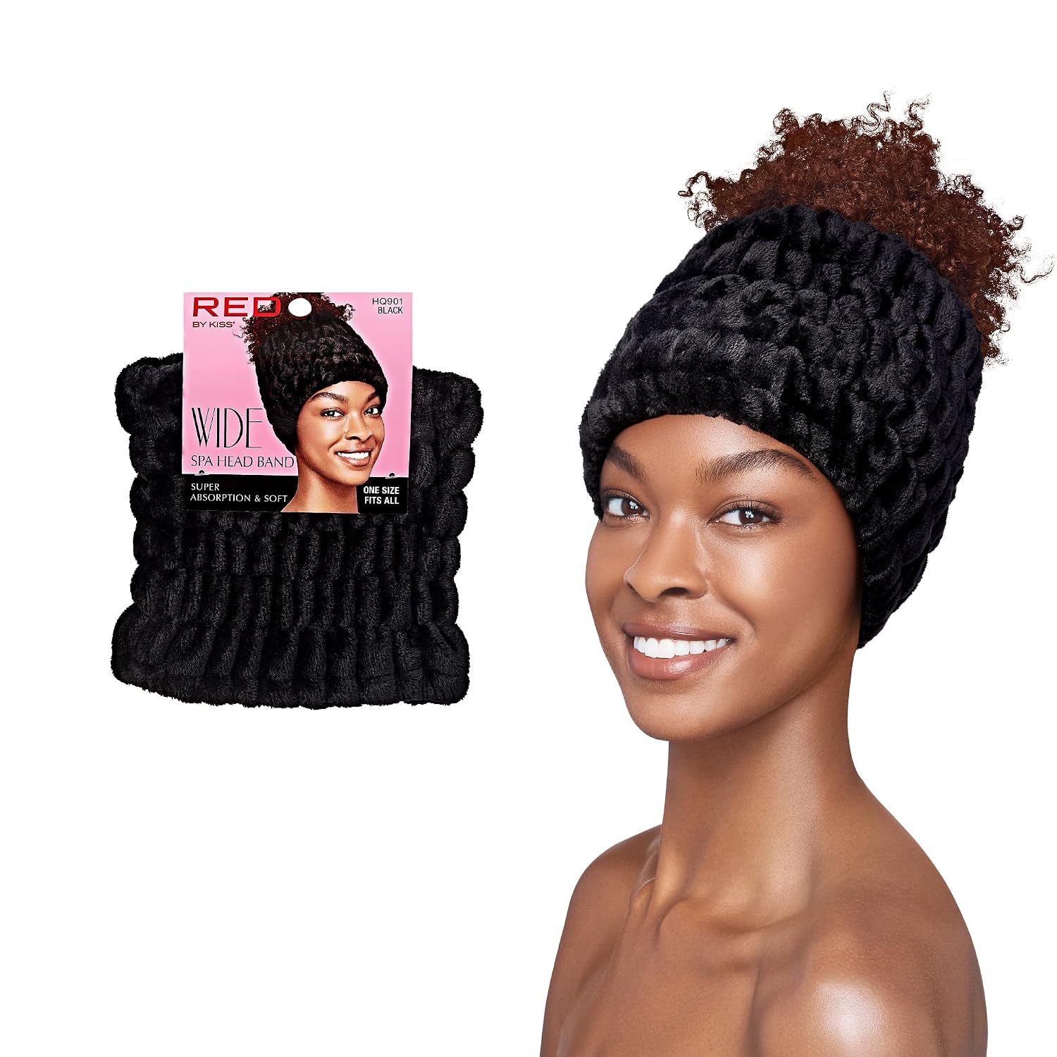 Red by Kiss Extra Wide Spa Headband, Super Absorbent & Soft Fluffy Plush Fleece, Full Hairline Coverage, Essential for Makeup, Skincare, Face Washing, Shower, Sauna, One Size Fits All (Black)