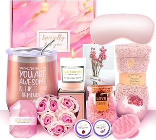 12 Piece Spa Gifts Set for Women, Self Care Gift Basket for Mom Wife Her, Relaxing Gifts with Eye Mask, Water Bottle, Bath Bombs, Aromatherapy for Valentines Day, Birthday, Christmas (Rose)
