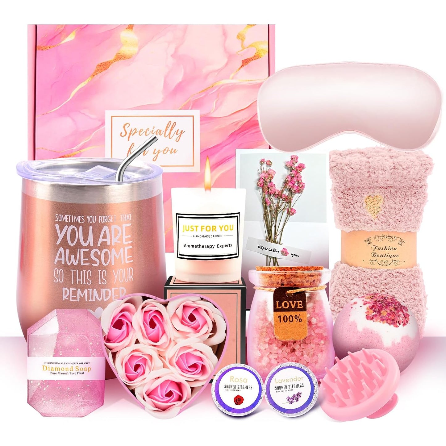 12 Piece Spa Gifts Set for Women, Self Care Gift Basket for Mom Wife Her, Relaxing Gifts with Eye Mask, Water Bottle, Bath Bombs, Aromatherapy for Valentines Day, Birthday, Christmas (Rose)