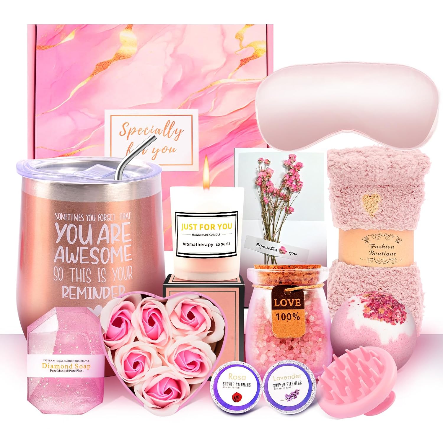 12 Piece Spa Gifts Set for Women, Self Care Gift Basket for Mom Wife Her, Relaxing Gifts with Eye Mask, Water Bottle, Bath Bombs, Aromatherapy for Valentines Day, Birthday, Christmas (Rose)