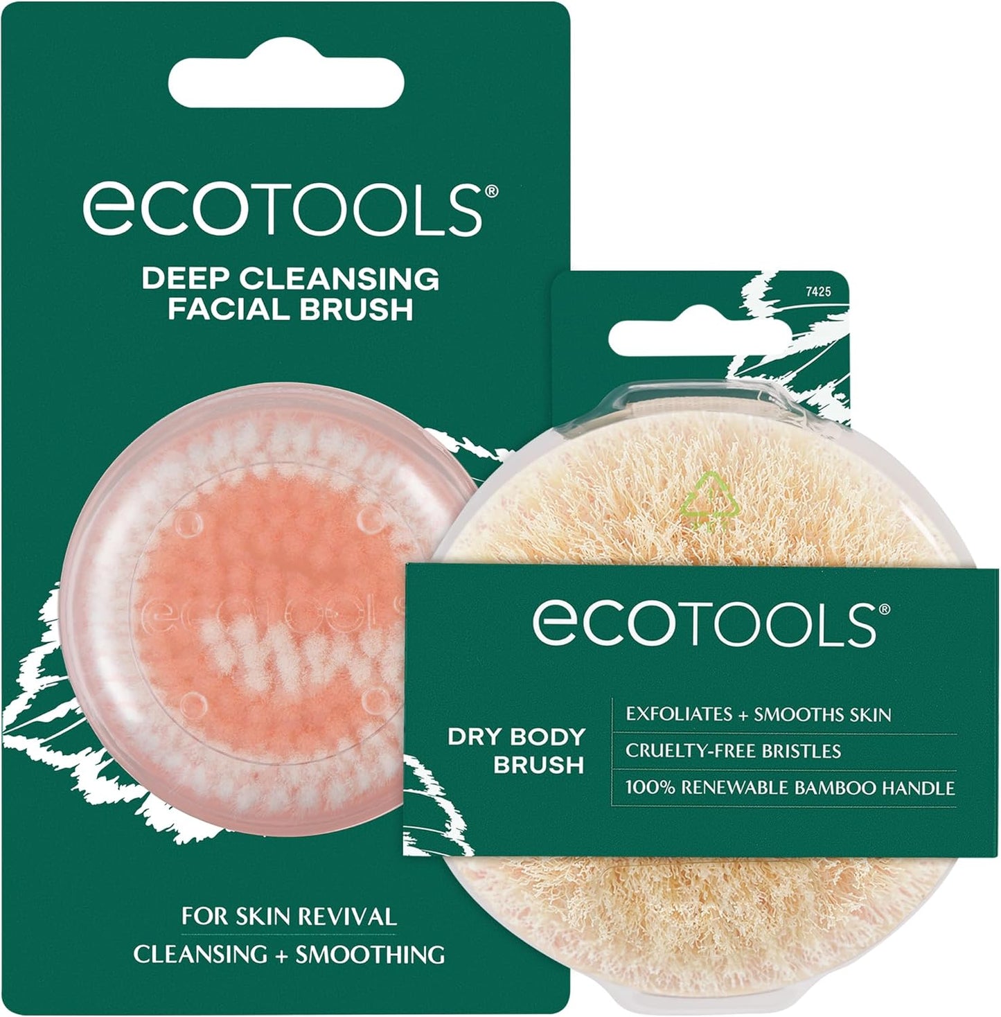 EcoTools Deep Cleansing Facial Brush, Makeup Remover Tool + Dry Brushing Body Brush for Circulation, Cellulite Massage, Dead Skin Removal, Self-Care Gifts, Natural Beige, Synthetic