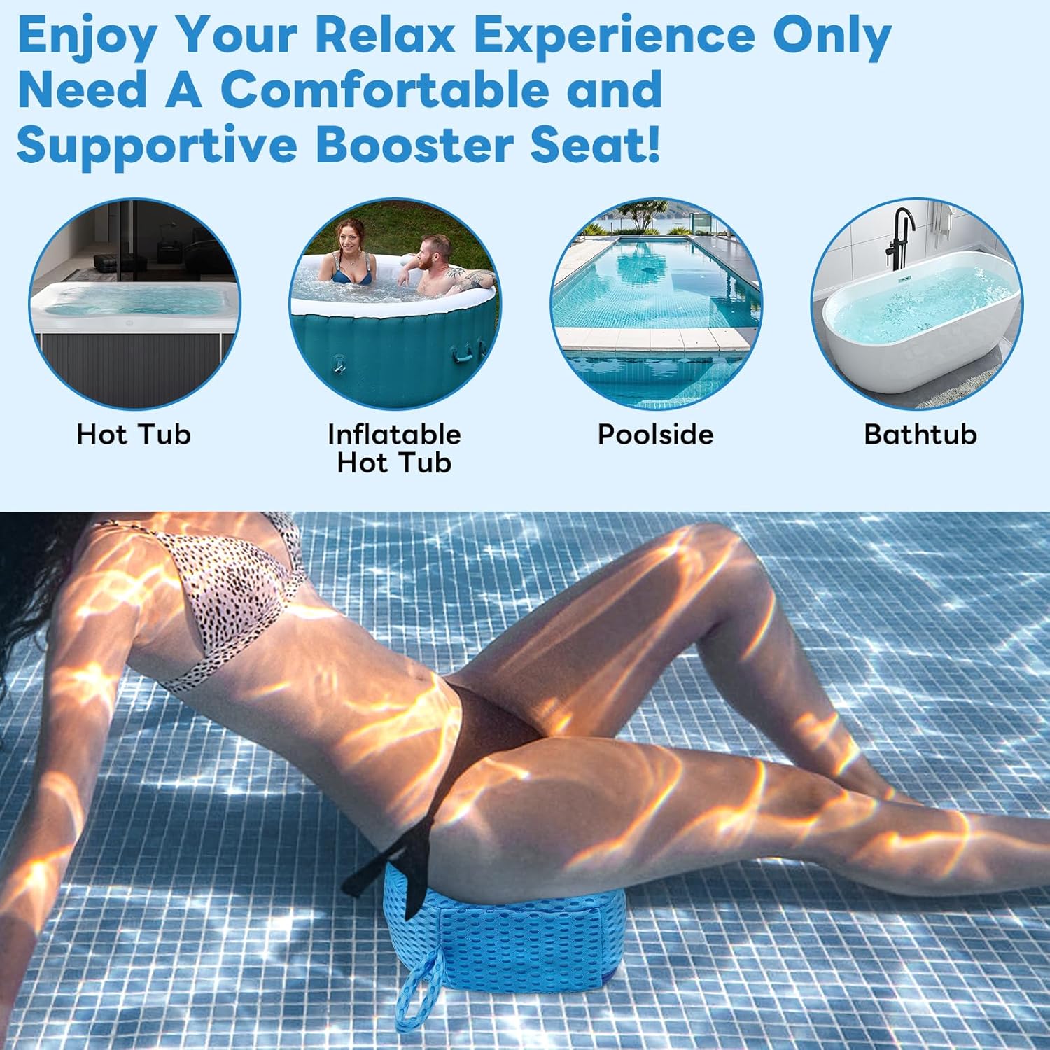 Hot Tub Booster Seat for Adults, 5" Extra Thick Weighted Spa Cushion with 4+ lbs Core, No Floating Quick Sink Design, 3D Air Mesh, Non-Slip Seat Riser for Jacuzzi & Bathtub (Blue)