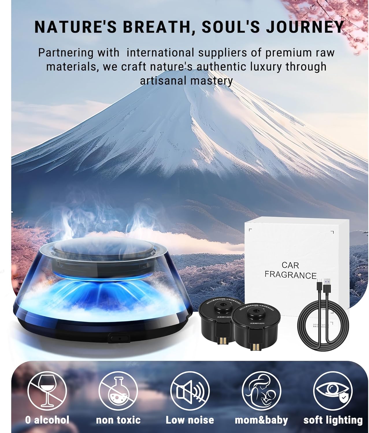 Upgraded Smart Car Air Freshener, Car Diffuser, Fuji Cologne & Pine Forest 5 Mode Ambient Light & Mist Fragrance with Auto On/Off Intensity Adjustable Mist for 6 Months C01 Automotive Diffuser,Premium