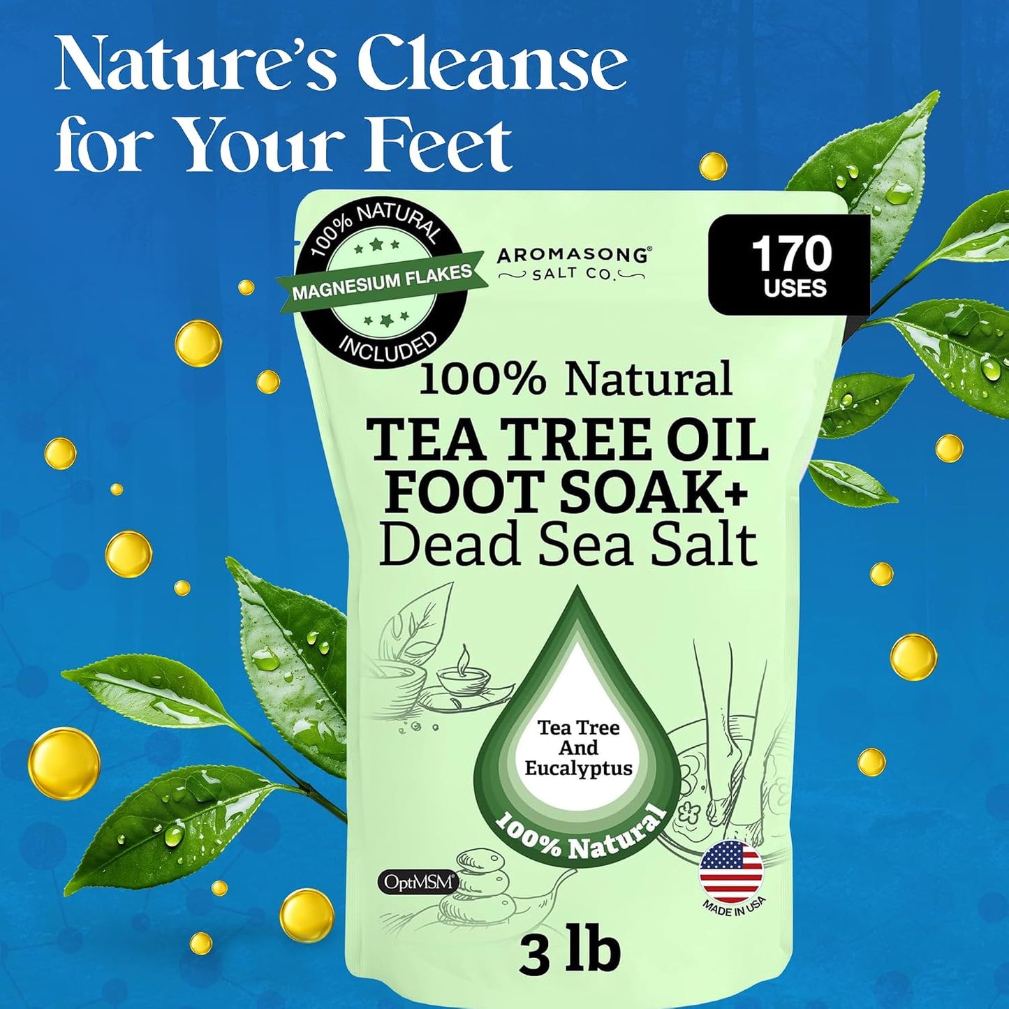 Aromasong Tea Tree Foot Soak with Magnesium Flakes and Dead Sea Foot Soaking Salts - Pedicure Tea Tree Oil Foot Soak for Dry Cracked Feet-Athlete's Callus Remover- Eliminates Odor- Packaging May Vary