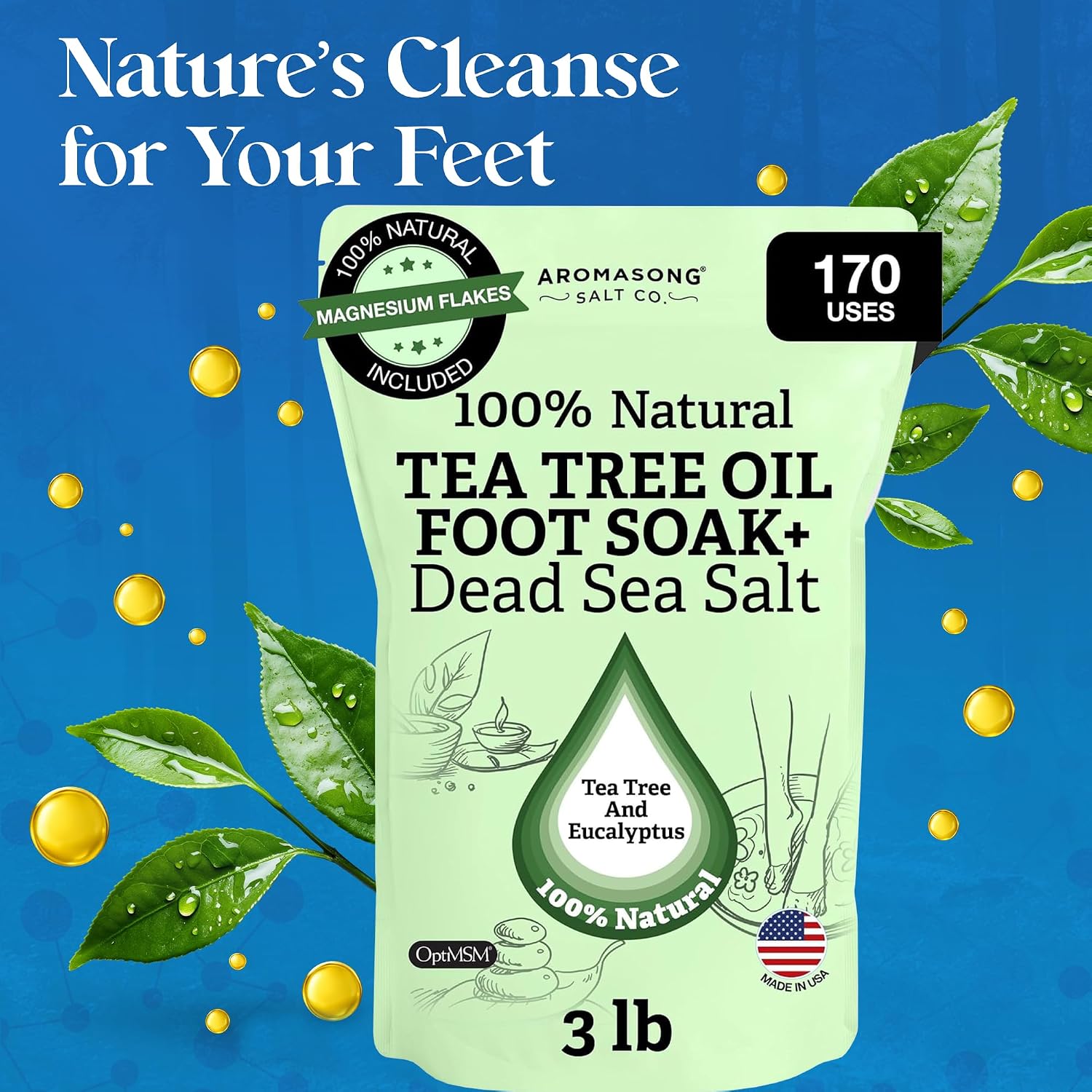 Aromasong Tea Tree Foot Soak with Magnesium Flakes and Dead Sea Foot Soaking Salts - Pedicure Tea Tree Oil Foot Soak for Dry Cracked Feet-Athlete's Callus Remover- Eliminates Odor- Packaging May Vary