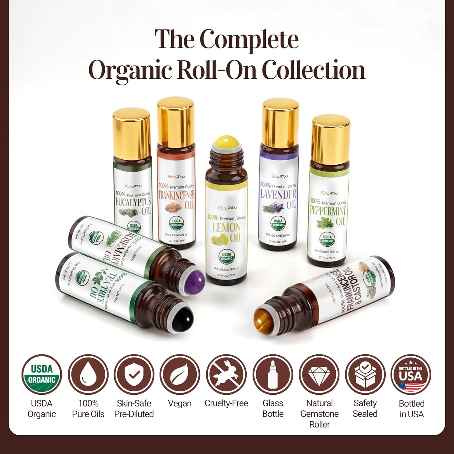 Castor Oil Frankincense Essential Oil Roll On for Face Eyebrows Under Eye - 100% Pure USDA Organic MCT Coconut - Dark Circles Fine Lines Facial Skin Care Serum - Gemstone Roller 10ml Travel Size
