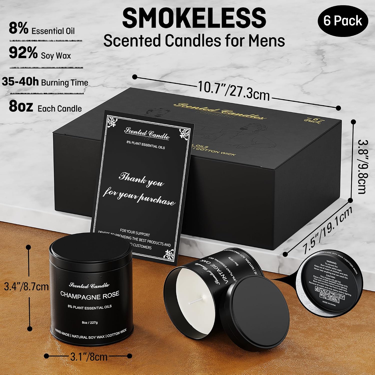 Luxury Scented Candles for Men Gift Set - 6 Pack x 8oz Natural Soy Wax Candles, Masculine Aromatherapy Candles with Essential Oils, Long Lasting Strong Scented Candles for Home, Father's Gifts