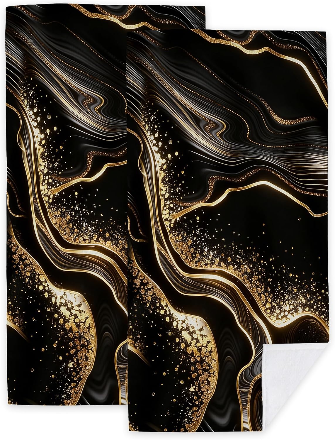 Hand Towels for Bathroom Black Gold Marble Kitchen Towels Set of 2 Soft Breathable Highly Absorbent Bath Towels for Bath Guest Gym Spa, 14.4x28.3 Inch