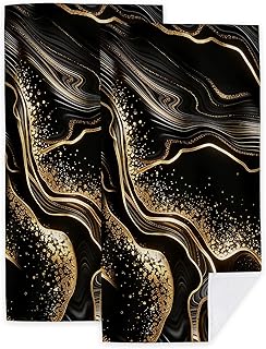 Hand Towels for Bathroom Black Gold Marble Kitchen Towels Set of 2 Soft Breathable Highly Absorbent Bath Towels for Bath Guest Gym Spa, 14.4x28.3 Inch
