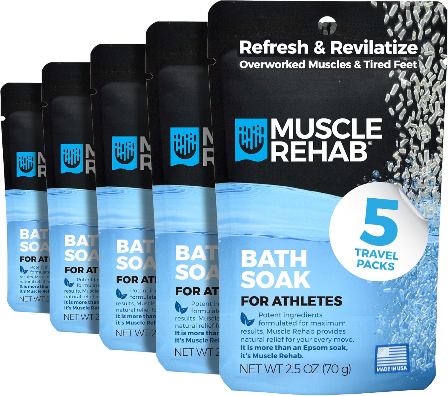 Muscle Rehab Epsom Salt Bath Soak 5 Travel Packets with Arnica and Magnesium for Muscle Pain Relief : Portable Foot Soak for Athletes and Active Recovery
