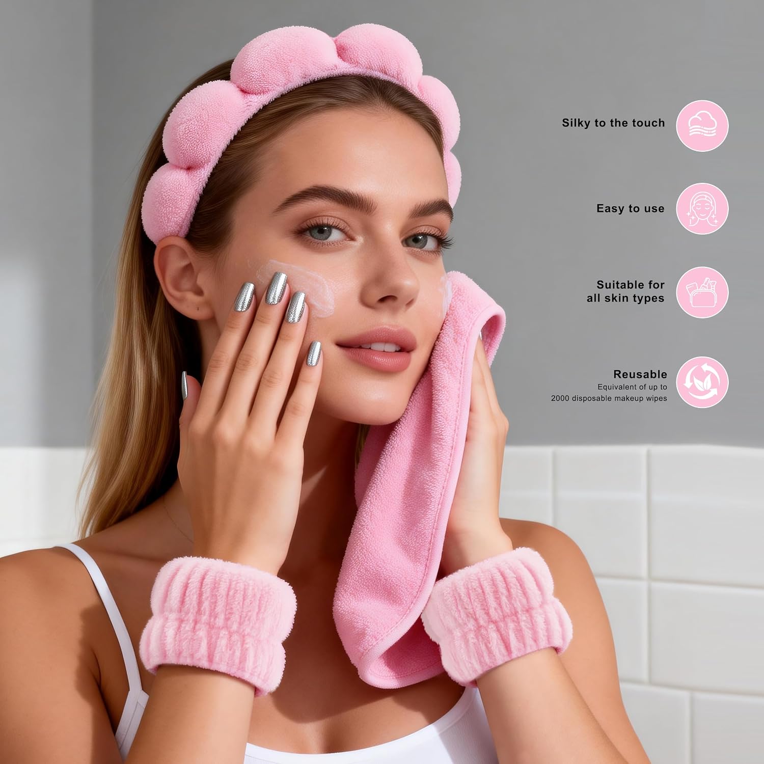 Real Perfection Spa Headband for Washing Face, Skincare Headband Wristband Set for Facial Mask Skin Care, Makeup Remover Towel Cloth Small Spray Bottle with Travel Makeup Bag Gifts for Women - Pink