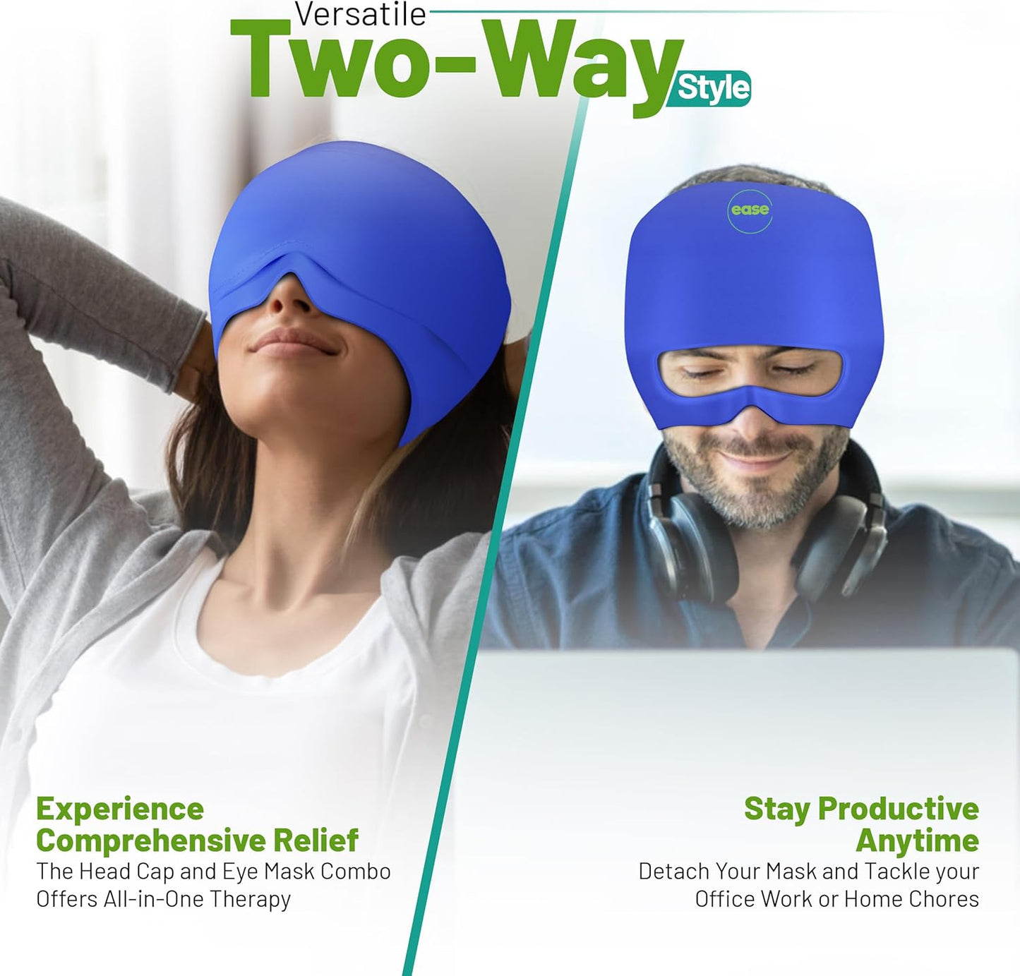 Headache Relief Cap - 2 in 1 Soothing Migraine Relief Cap with Detachable Eye Mask 20% Extra Gel - Headache Hat for Migraines - Cold Ice Head Wrap Products for Stress, Tension, Hangover & Puffy Eyes