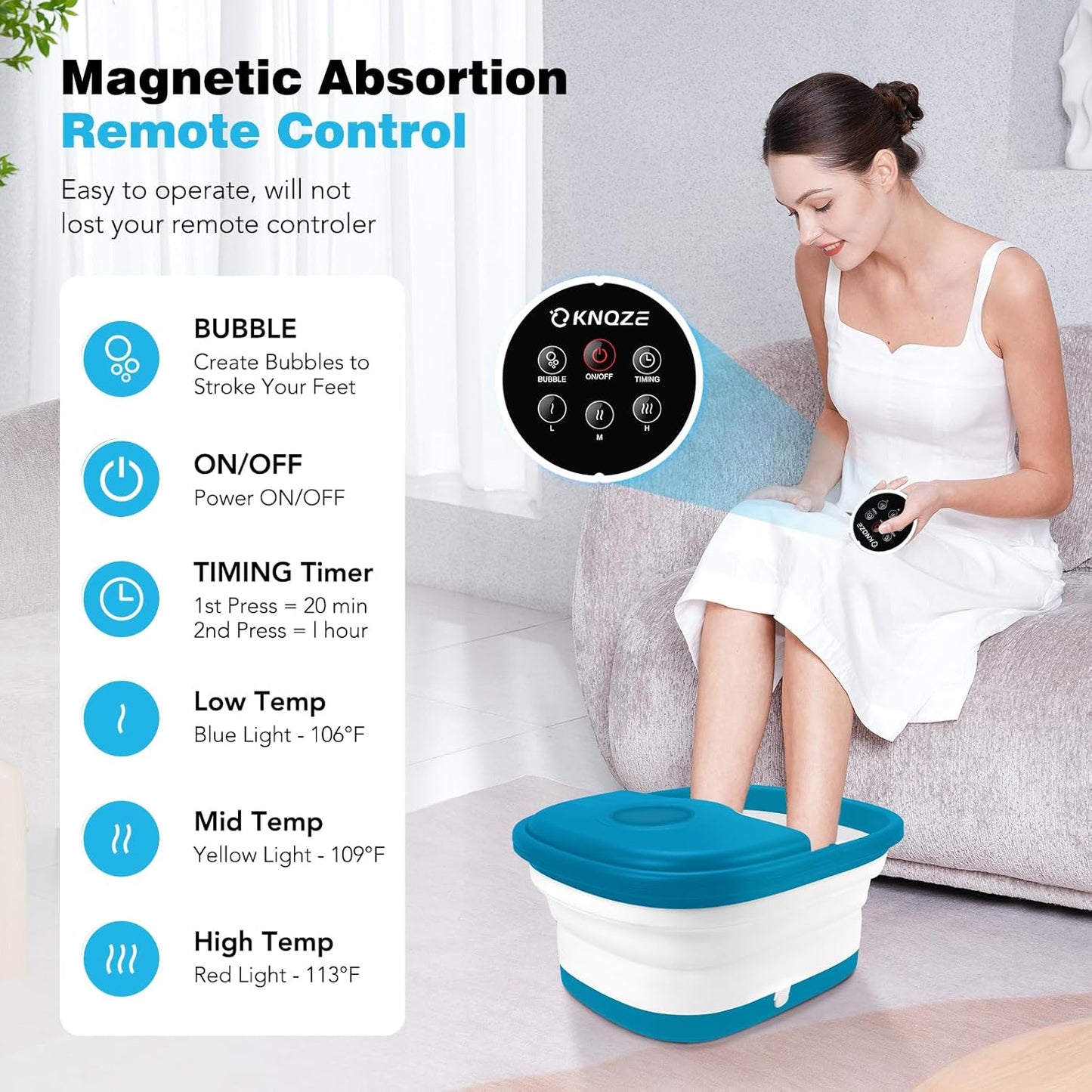Foot Bath Massager with Bubbles, Heat, and 16 Massage Rollers - Collapsible Foot Spa Tub with Remote Control, Temperature Control, Red Light, Pumice Stone
