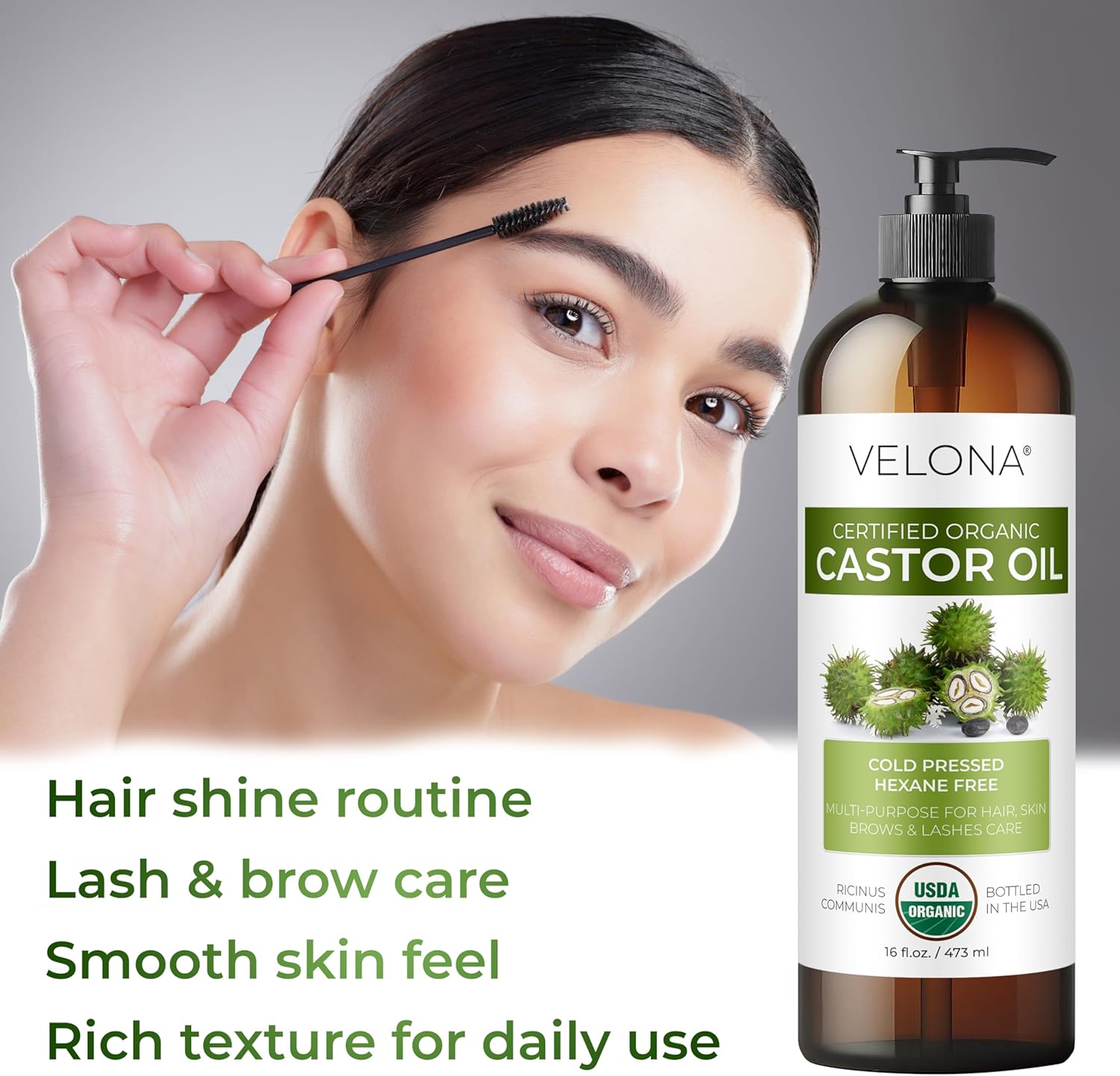 velona USDA Certified Organic Castor Oil - 16 fl oz (With Pump) | For Hair, Eyelashes, Eyebrows | Cold pressed, Natural Oil, USP Grade | Hexane Free, Lash Serum, Caster