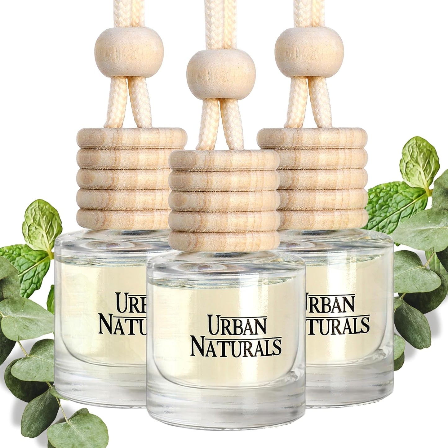 Urban Naturals Car Air Freshener Diffuser 3 Pack - Eucalyptus Spearmint Scent, 45+ Days Long Lasting Fragrance, Made in USA, Glass & Wood, Hanging Design + Vent Cip, Easy to Use