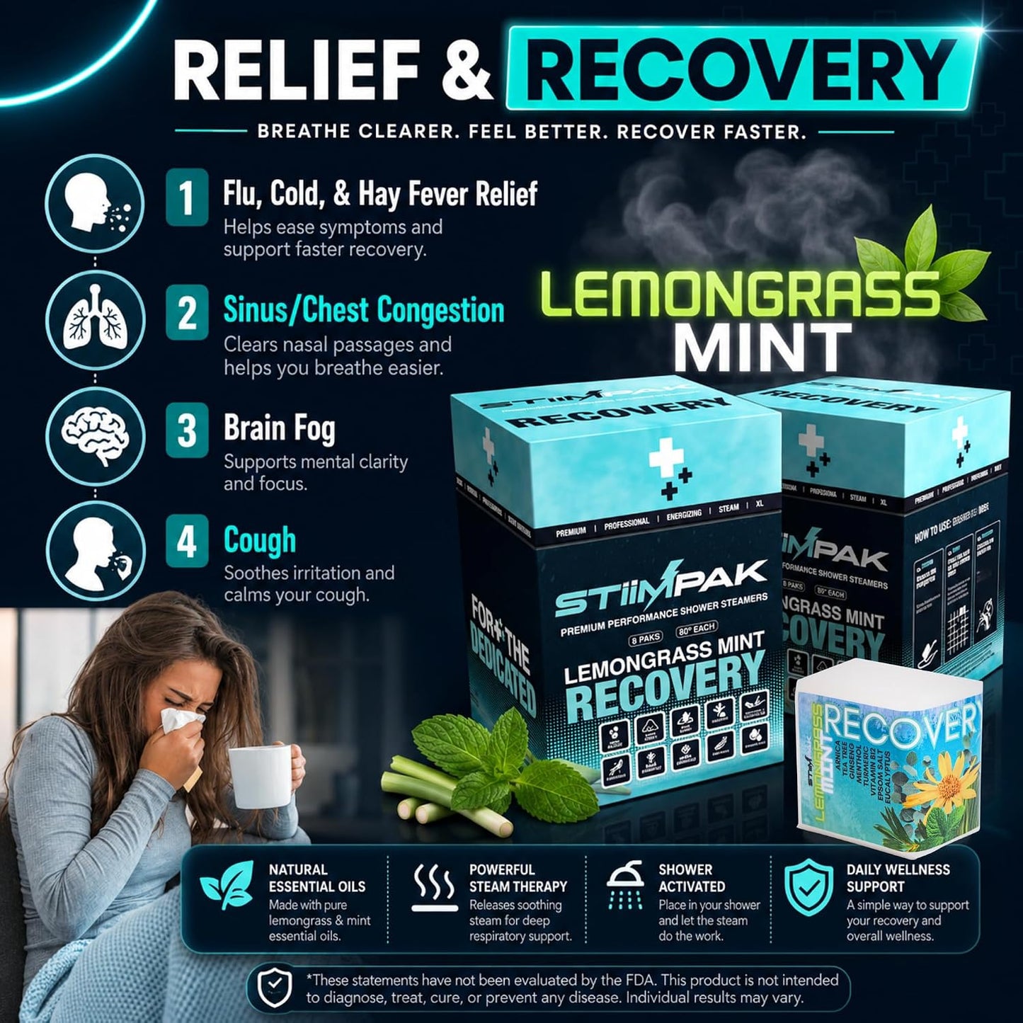 Shower Steamers for Sinus Relief | Recovery | XXL 80g Cold & Flu, Allergies, Post-Workout | Eucalyptus, Tea Tree, Turmeric, Arnica, Caffeine, Menthol | Extra Strength Aromatherapy | STiiMPAK (8 Pack)