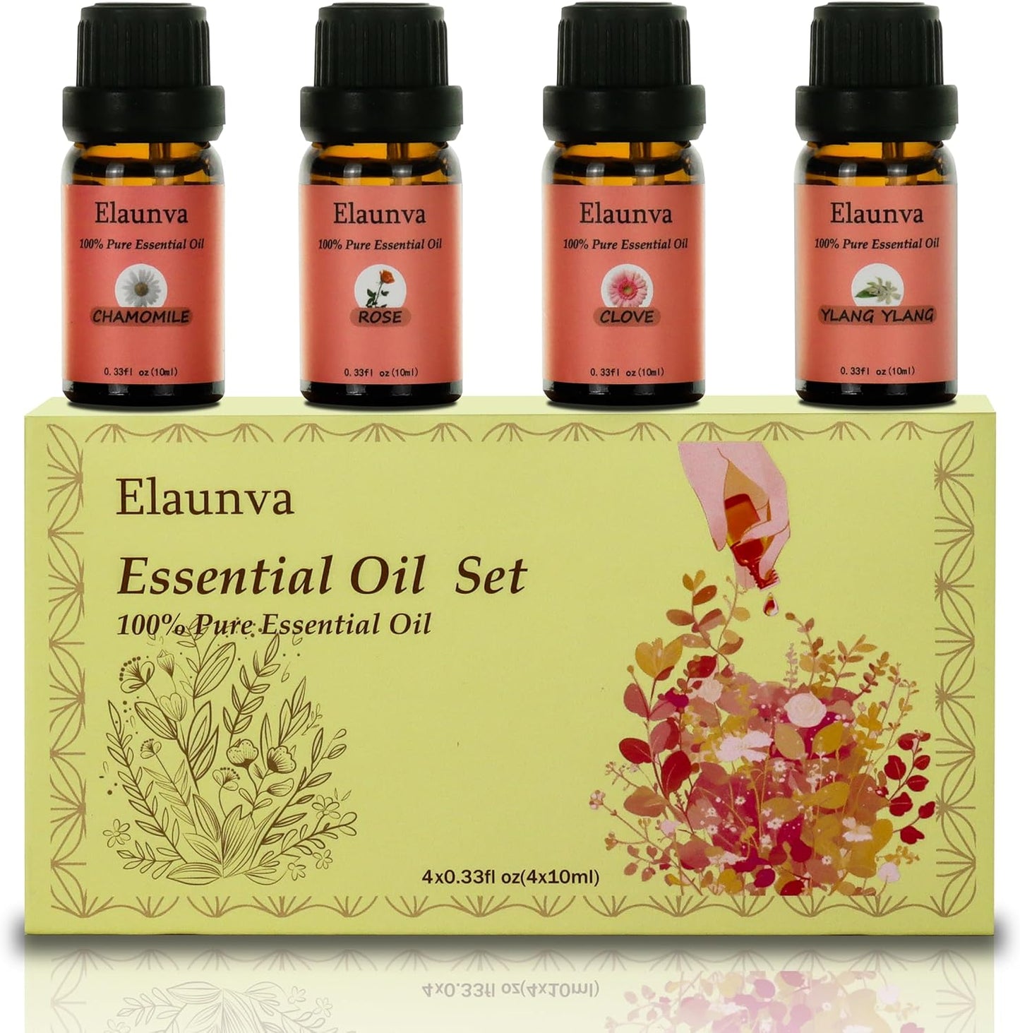 Essential Oils Set,100% Pure Natural,4 Scents(Clove/Chamomile/Rose/Ylang),for Valentine's Day GIF and Home Fragrance,Aroma Therapy Oil,Gift for Friends/Family (0.33Fl Oz*4, Flower Set)