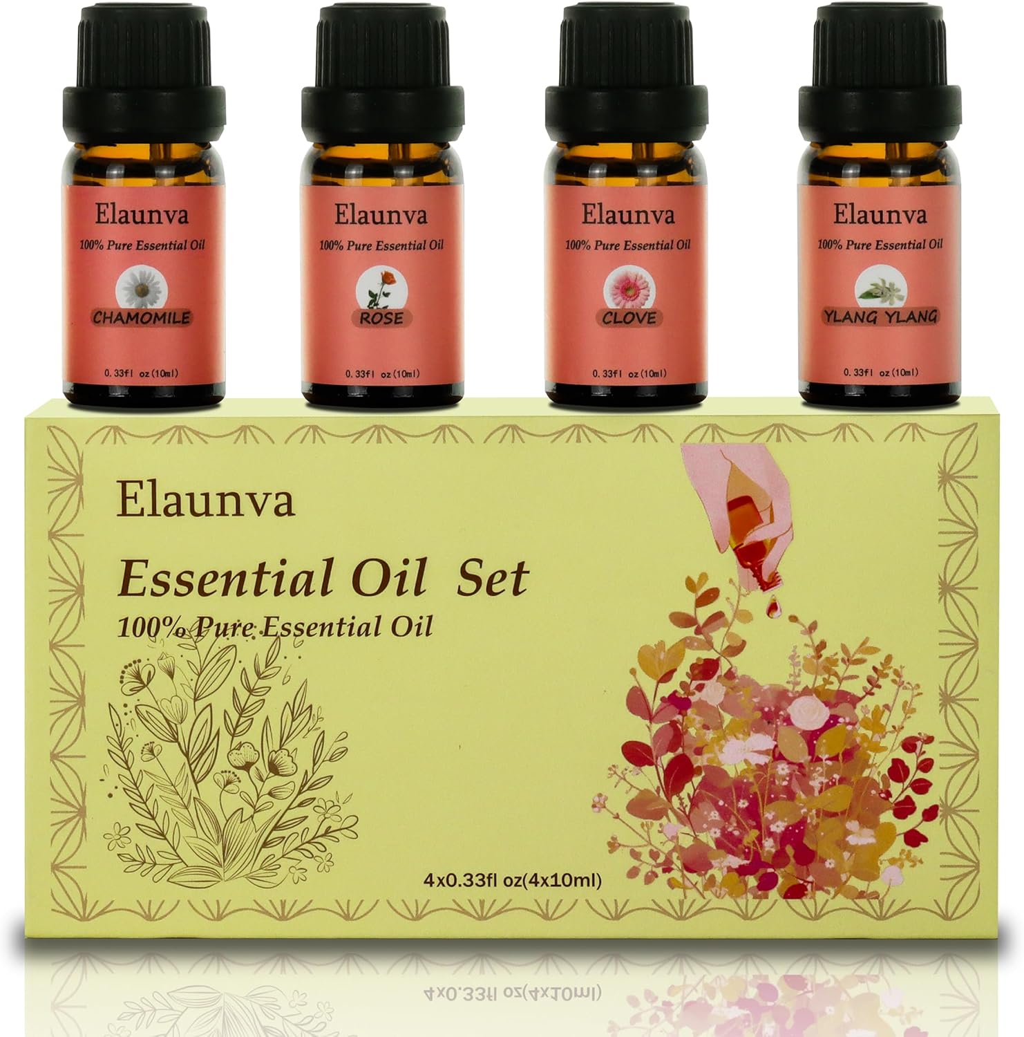 Essential Oils Set,100% Pure Natural,4 Scents(Clove/Chamomile/Rose/Ylang),for Valentine's Day GIF and Home Fragrance,Aroma Therapy Oil,Gift for Friends/Family (0.33Fl Oz*4, Flower Set)