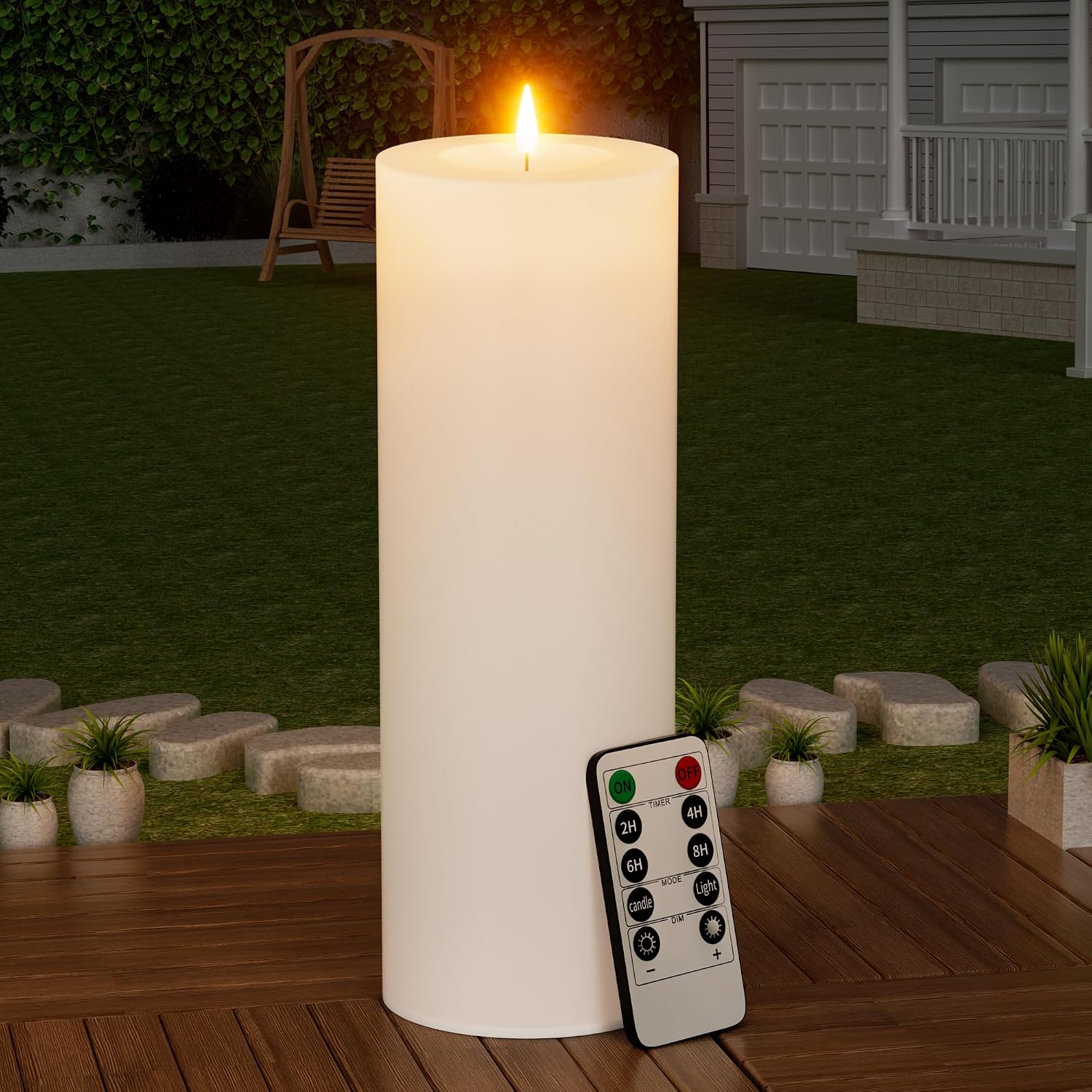 BUTHY 12" x 4" Large Outdoor Candle with Timer Waterproof Flickering LED Flameless Candle Battery Operated with Remote Fake Pillar Candle Realistic for Patio Porch Lantern, White 1 Pack