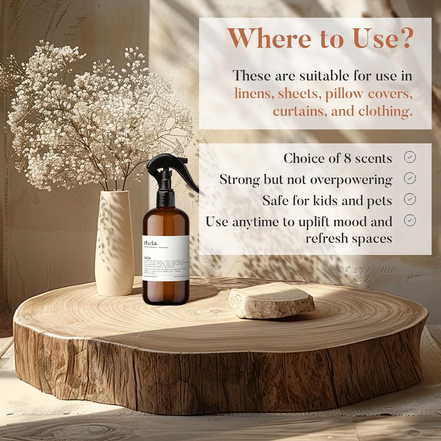 Dusa Santal Room Spray - 16.9 fl oz - Ultimate Home Fragrance, Bed Room Essentials & Soothing Fabric - Natural Air Freshener & Linen Mist for Home - Eco-Friendly Odor Eliminator w/Aromatherapy