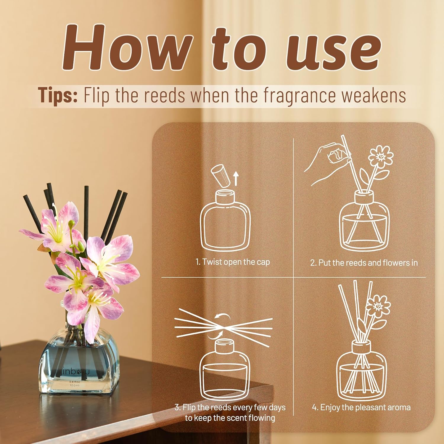 Flower Reed Diffuser Set for Home, Lavender Scent Essential Oil with Sticks, Premium Home Fragrance and Air Fresheners for Bathroom Bedroom Shelf Decor 3.4 oz