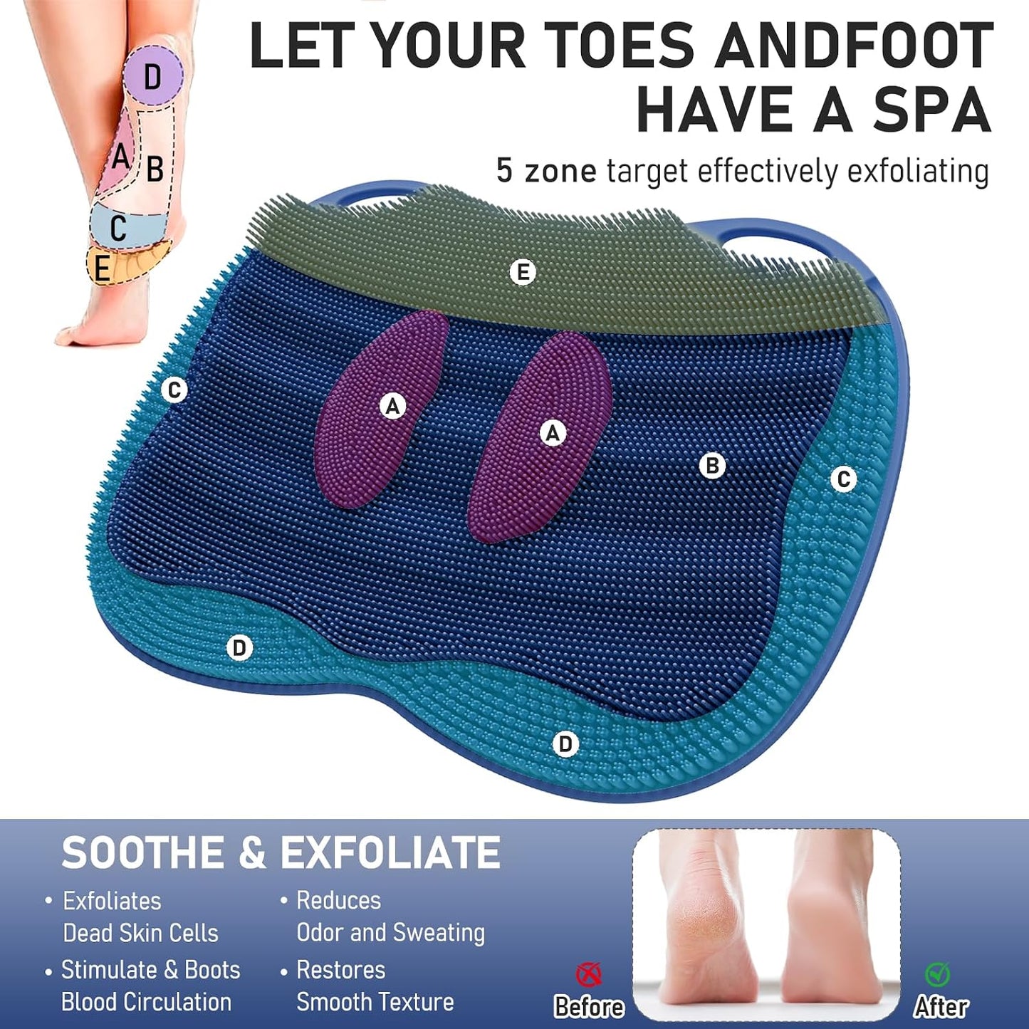 Shower Foot Scrubber Mat Large 2.0- Silicone Feet Toes Massage Exfoliate Cleaner Pad Long Brush Without Bending Non-Slip Suction Cups in Shower Floor Bathtub Foot Relax Spa 17.4 * 13" Navy Blue