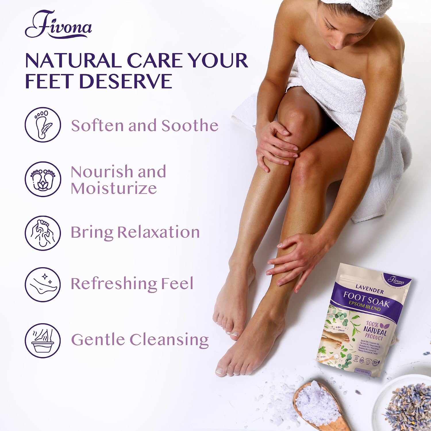 Fivona Foot Soak Blend Epsom Salt with Lavender 14.1 oz - Calming Foot Bath Salt, Relax & Renew Tired Feet, Soothe Soreness, Soften Calluses - Rejuvenating Pedicure Spa at Home
