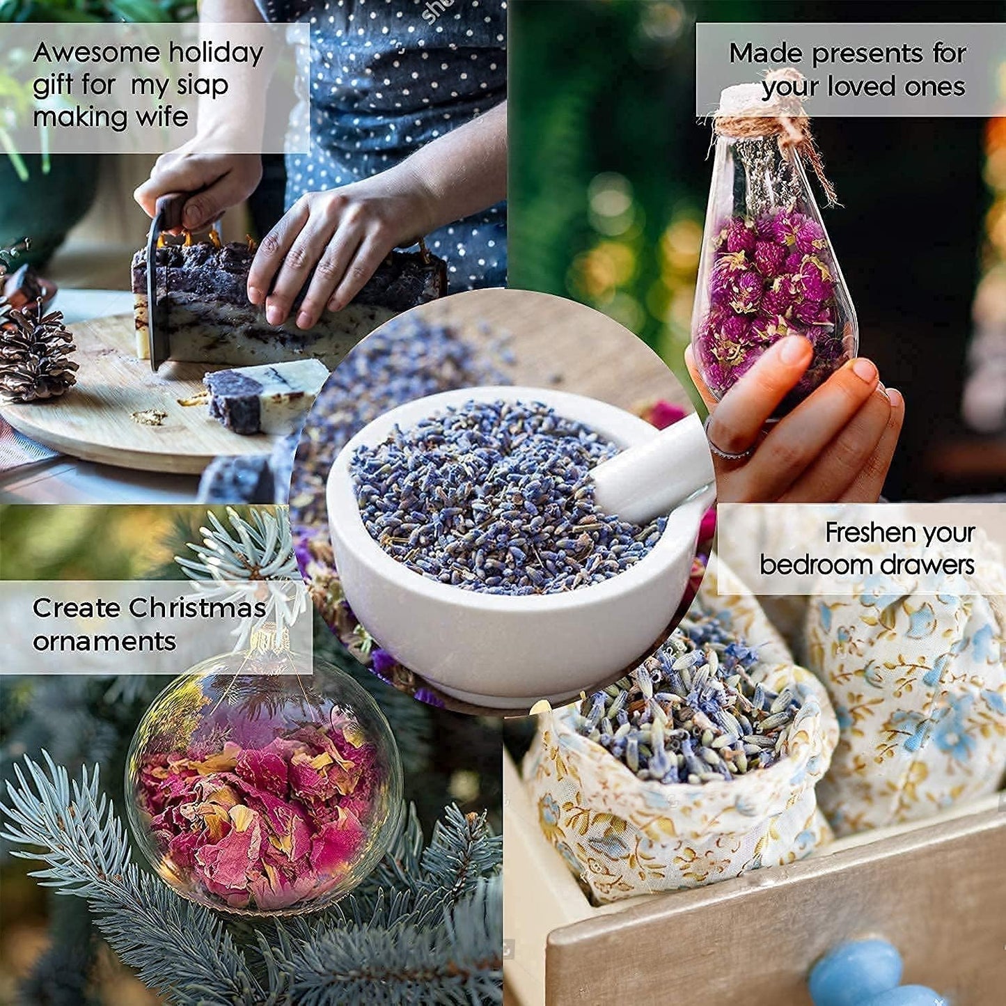 Dried Flowers and Herbs Accessories Decorations 8 Bags Set Dry Flowers Essential Supplies Rose Buds Lavender Chamomile Jasmine Scents for Flower Arrangements Crafts Bath Soap Lip Gloss Making