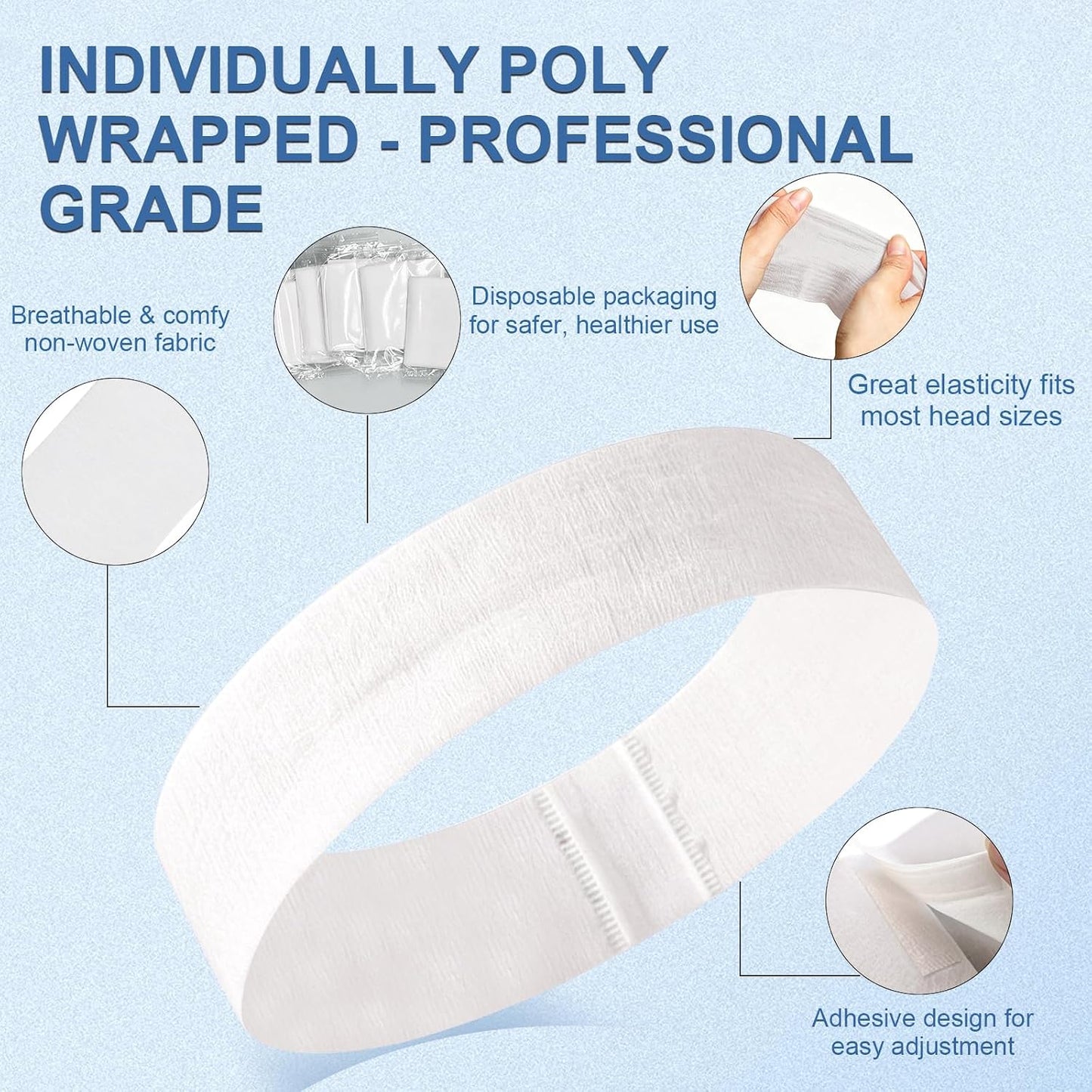 160 Count Disposable Spa Headbands for Women - Individually Wrapped Facial Headbands for Skincare, Makeup & Estheticians - Stretch Non-Woven Hair Bands for Salon & Home (White)