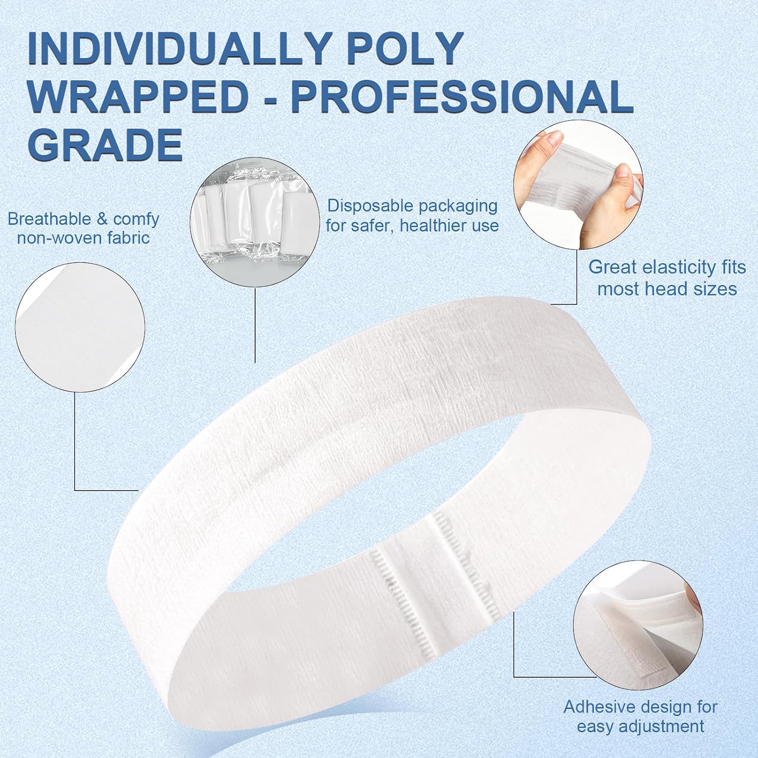 160 Count Disposable Spa Headbands for Women - Individually Wrapped Facial Headbands for Skincare, Makeup & Estheticians - Stretch Non-Woven Hair Bands for Salon & Home (White)