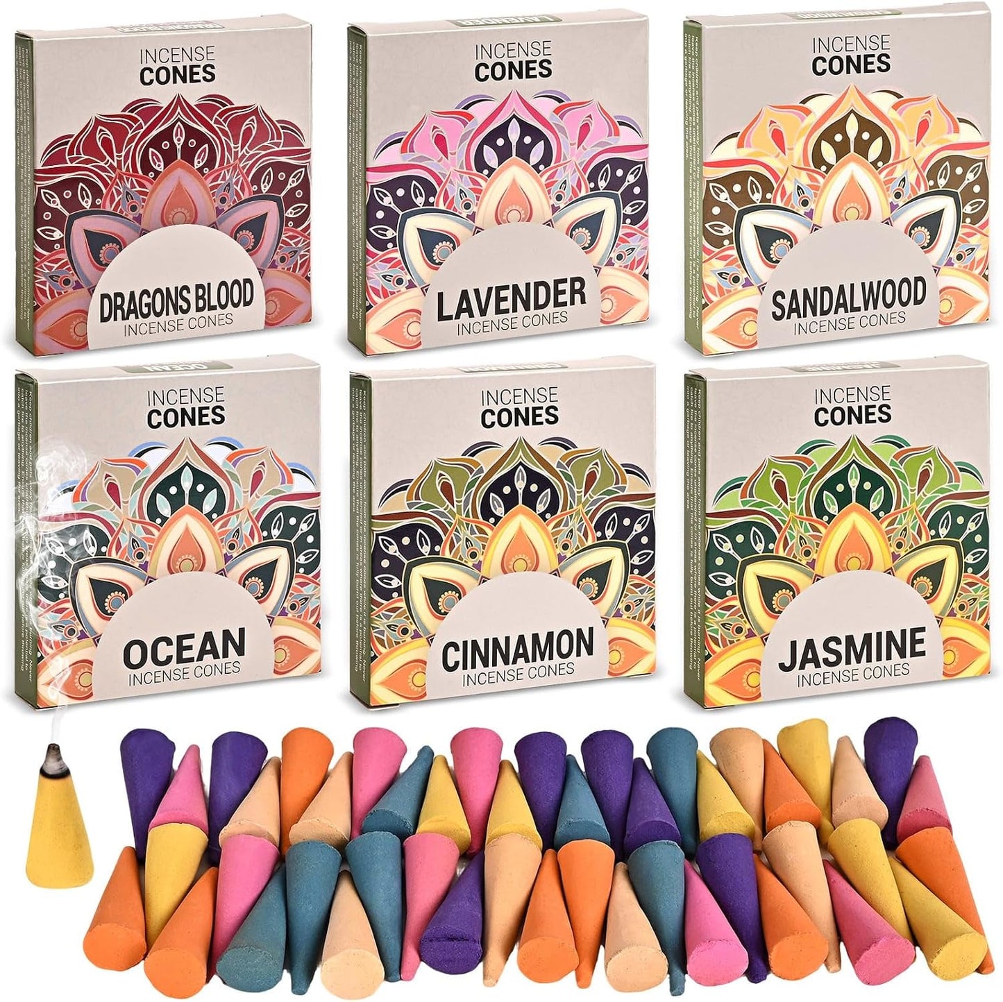 Incense Cones Variety Pack - 6 Scents: Lavender, Sandalwood, Dragons Blood, Ocean, Cinnamon, Jasmine for Relaxation