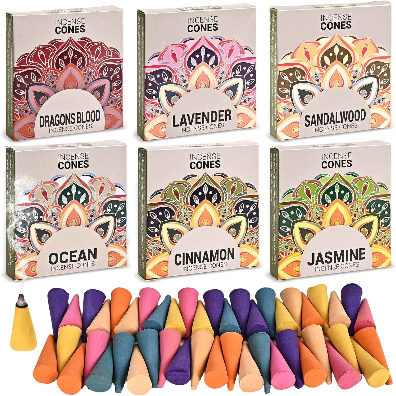 Incense Cones Variety Pack - 6 Scents: Lavender, Sandalwood, Dragons Blood, Ocean, Cinnamon, Jasmine for Relaxation