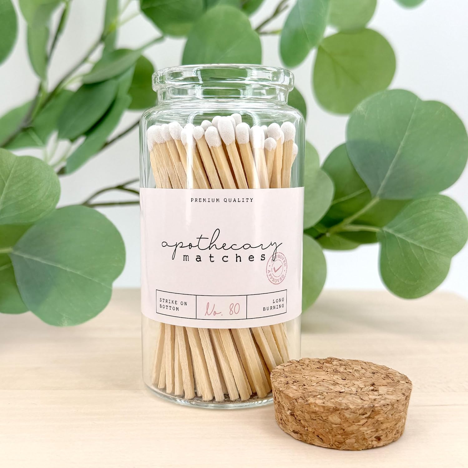 Apothecary Wooden Matches in a Jar with Striker | Decorative Matches for Candles | Long Matches for Candles in Apothecary Glass Jar | Approx. 80 Safety Matches for Home Decor & Bathroom (1 Jar)
